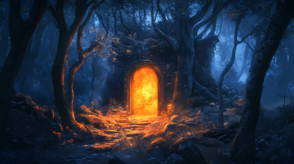 Obraz premium A spooky forest with a mysterious, glowing portal between the trees. Mythical Portal. Illustration