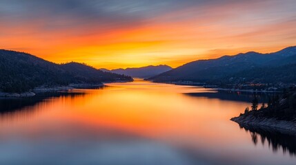 Obraz premium A breathtaking sunset paints the sky with vibrant hues of orange and pink, casting a warm glow over a still lake nestled between majestic mountains. The tranquil scene evokes a sense of peace, serenit