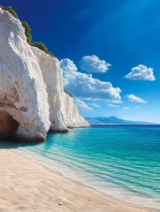 A breathtaking view of a pristine Greek beach with towering white cliffs, crystal clear turquoise waters, and a stunning blue sky with fluffy clouds.  The idyllic scenery evokes a sense of tranquility