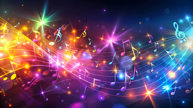 Vibrant abstract background with glowing, floating music notes. Perfect for themes of music, parties