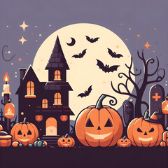 Halloween Background with Pumpkins, Bats, and Castle. Happy Halloween Logo Poster Concept for Graphical Resources Flat Vector Design
