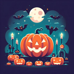 Halloween Background with Pumpkins, Bats, and Castle. Happy Halloween Logo Poster Concept for Graphical Resources Flat Vector Design