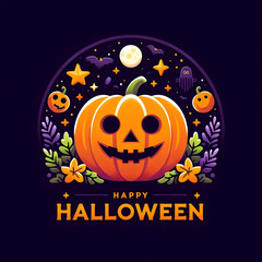 Halloween Background with Pumpkins, Bats, and Castle. Happy Halloween Logo Poster Concept for Graphical Resources Flat Vector Design