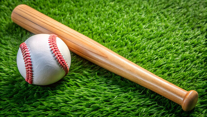 Baseball bat and ball resting on vibrant green grass , sports equipment, outdoor, recreation, leisure, field, game, competition, team