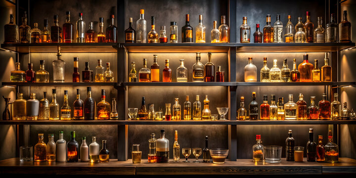 A dark and moody liquor bar with shelves of various bottles, glasses, and dim lighting, Liquor, bar, alcohol, bottles