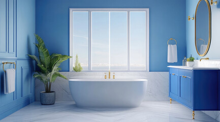Fototapeta premium a modern bathroom with blue walls, a white marble floor, and golden accessories.