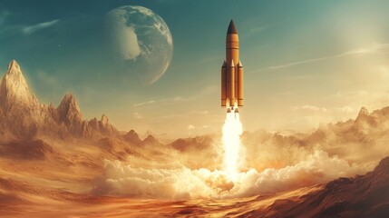 A rocket blasts off from a desert planet, its engines leaving a trail of smoke and fire as it ascends towards a blue sky and a large, round planet in the background