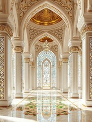 Obraz premium A grand and elegant interior of a mosque featuring intricate arches, ornate details, and a beautiful stained glass window that fills the space with light. The architectural design showcases the beauty