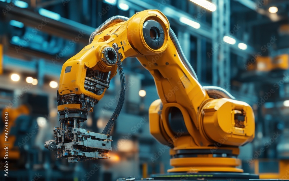 Poster large industrial robot arm in action on a modern factory floor, assembling parts with precision