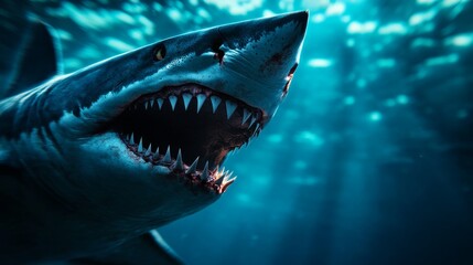 Obraz premium A menacing close-up of a fierce shark's rugged face, showcasing its sharp teeth and powerful jaw, symbolizing raw power, danger, ocean predator, and wild nature.