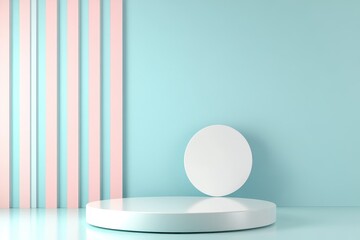 A minimalist 3D render featuring a pastel blue background with pink and blue vertical stripes. A white cylindrical platform and a sphere are positioned in front, creating a modern and clean aesthetic.