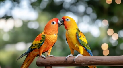 Obraz premium A pair of colorful parrots sharing a tender kiss, symbolizing love, connection, nature, beauty, and joy.