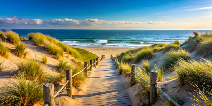Seaside pathway with sand dunes and ocean views, Strandweg, beach, pathway, sand dunes, ocean, coastal, nature, tranquil