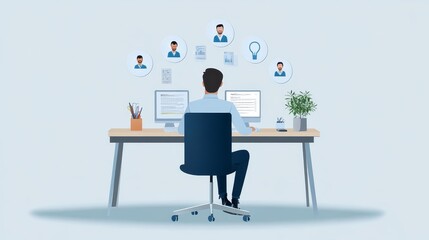 A professional working at a desk, surrounded by icons representing connections, ideas, and potential employees. This symbolizes the digital age of recruitment.