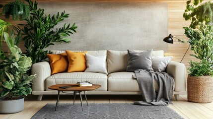 Modern living room with a comfortable sofa and a collection of indoor plants, adding a touch of nature to the decor.