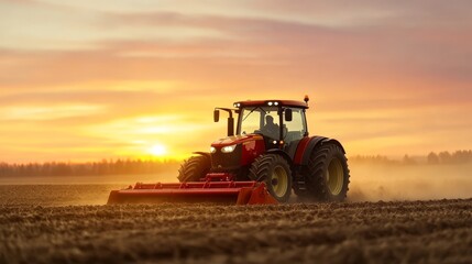 Obraz premium A powerful red tractor plows a misty field at sunrise, symbolizing hard work, growth, new beginnings, and the beauty of nature.