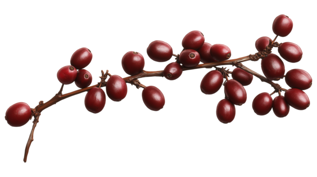 A red branch with berries on it. The branch is green and has leaves