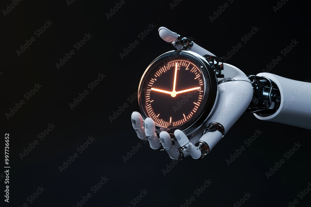 Poster a robotic hand, symbolizing automation, holds a glowing clock, representing the importance of time m