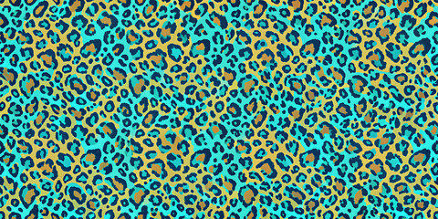 Leopard print in golden yellow and blue cyan seamless patchwork pattern, leopard print, golden yellow, blue cyan, seamless