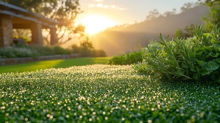 Fototapeta premium Dew-covered herbs in a well-maintained garden, the sun rising in the background, casting soft light on the glistening leaves of rosemary, oregano, and parsley, creating a tranquil, morning atmosphere.