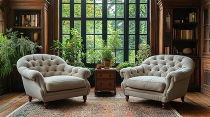 Cozy living room with two chairs and a view of greenery.
