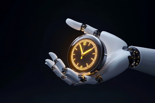 A robotic hand holds a glowing alarm clock, symbolizing the precision, control, and automation of time management in a technological future.
