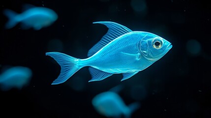 Naklejka premium A single blue fish with a bioluminescent glow swims in a school, showcasing the beauty of underwater life and the concept of bioluminescence, unity, underwater world, aquatic life, and marine life.