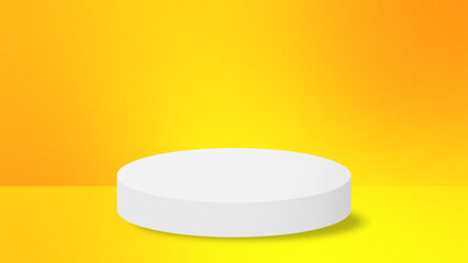 Realistic white cylinder pedestal podium on yellow orange gradient background. Vector rendering geometric forms design. Minimal scene. shadow. Stage showcase, Mockup product display.