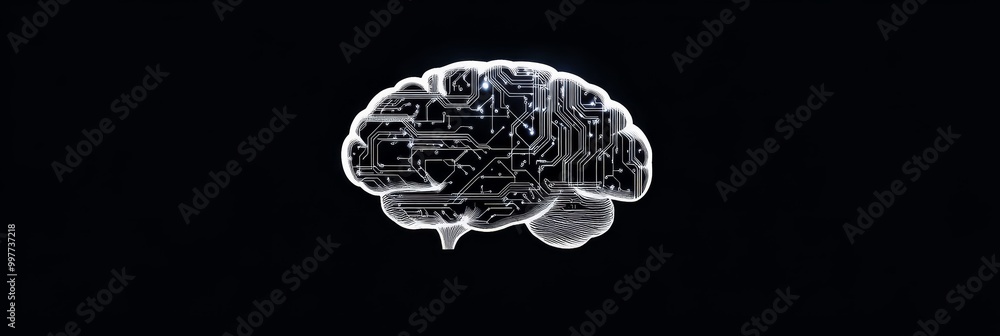 Poster a stylized brain with a circuit board pattern representing digital technology, intelligence, and inn