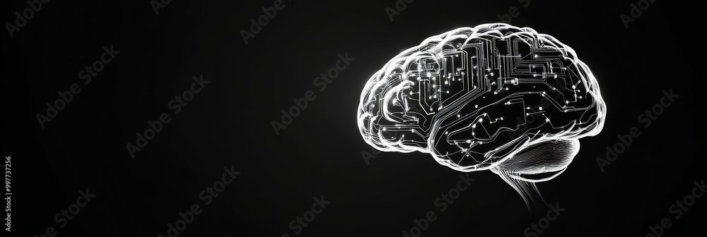 Poster a stylized white brain on a black background, representing the intricate network of thought and arti