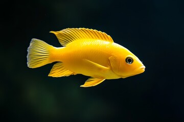 A stunning yellow cichlid fish swims gracefully through clear water, showcasing its vibrant colors and captivating movements. The fish's bright yellow scales shimmer with a subtle iridescence, highlig