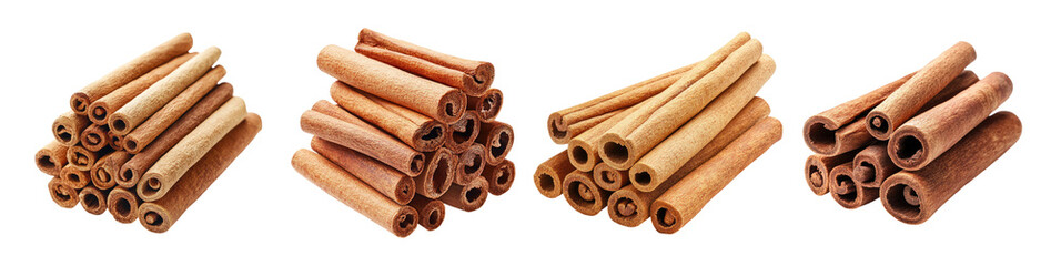 Set of cinnamon sticks in a pile isolated on white background