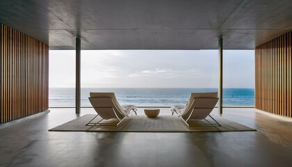 Fototapeta premium a modern, minimalist interior space featuring two lounge chairs positioned in front of a large glass window. The window offers a panoramic view of the ocean, with calm waters extending to the horizon.