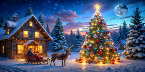 Christmas night scene with a decorated Christmas tree