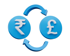 3d White Rupee And Pound Symbol On Rounded Blue Icons With Money Exchange Arrows, 3d illustration
