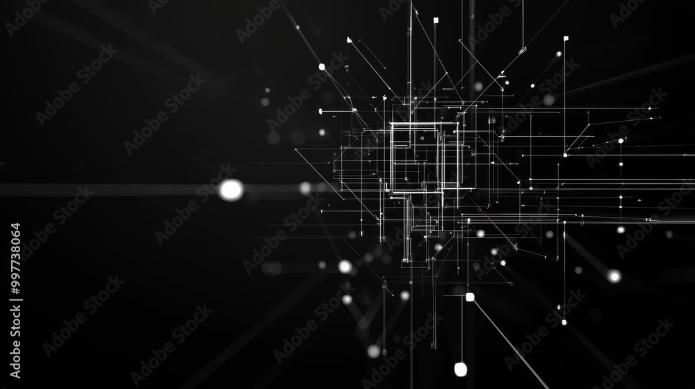 Poster abstract artwork featuring white lines and dots forming a grid pattern, symbolizing connection, tech