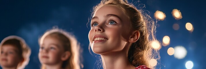 A young girl gazes upwards with a look of awe and wonder as she watches fireworks with her family. The scene is filled with joy, excitement, and the magic of celebration.