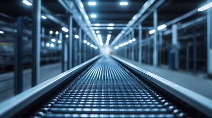 Obraz premium conveyor belt inside a quiet, empty factory space