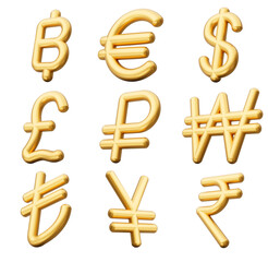 Obraz premium 3d Set Of Nine Golden Shiny Currency Symbol Icons Isolated On White Background, 3d Illustration 