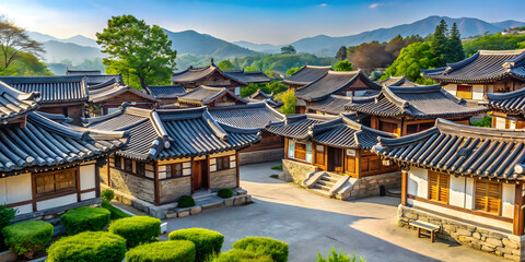 Obraz premium Traditional Korean village with well-preserved hanok houses, Korea, Hanok village, architecture, traditional, heritage, culture