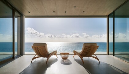 a modern, minimalist interior space featuring two lounge chairs positioned in front of a large glass window. The window offers a panoramic view of the ocean, with calm waters extending to the horizon.