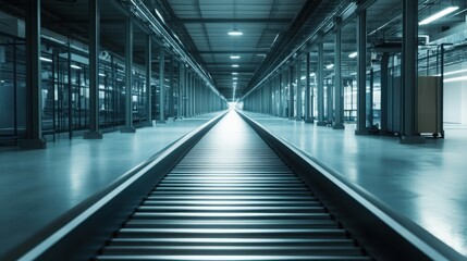 Obraz premium conveyor belt inside a quiet, empty factory space
