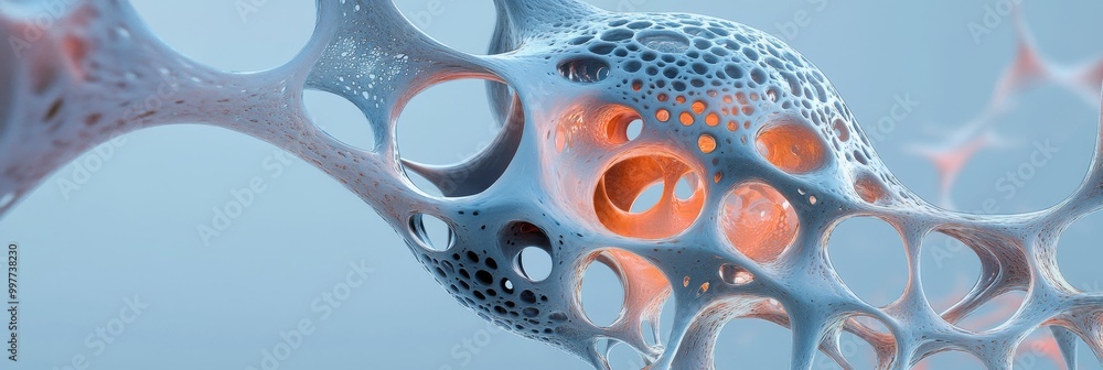 Poster abstract cellular structure with a glowing core, representing interconnectedness, biological network