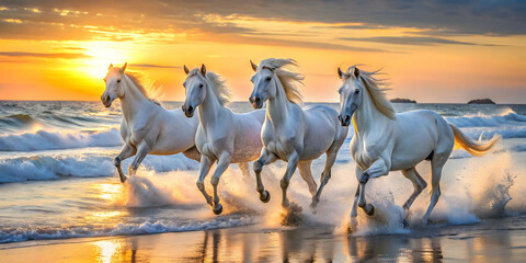 White Horses Running The Beach
