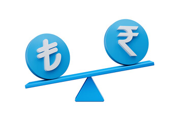 3d White Lira And Rupee Symbol On Rounded Blue Icons With 3d Balance Weight Seesaw, 3d illustration
