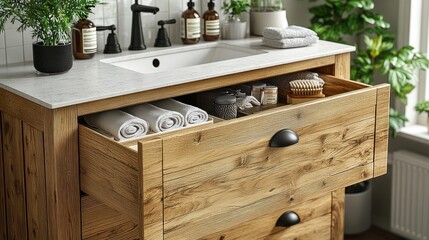 Wooden bathroom vanity with organized towels and toiletries.