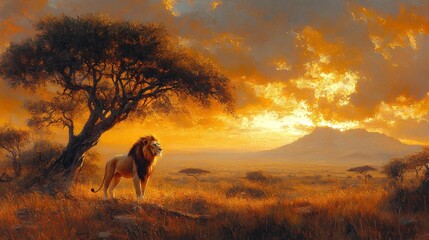 Fototapeta premium Majestic Lion at Sunset on African Savannah Generative AI