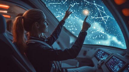 A female astronaut interacts with a holographic display of constellations while seated in a high-tech spacecraft cockpit. The dark background emphasizes the bright stars and intricate star patterns.