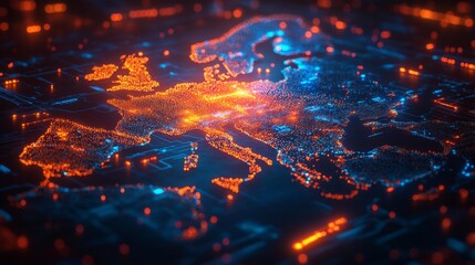 Digital Map of Europe in Glowing Dots and Lines Generative AI