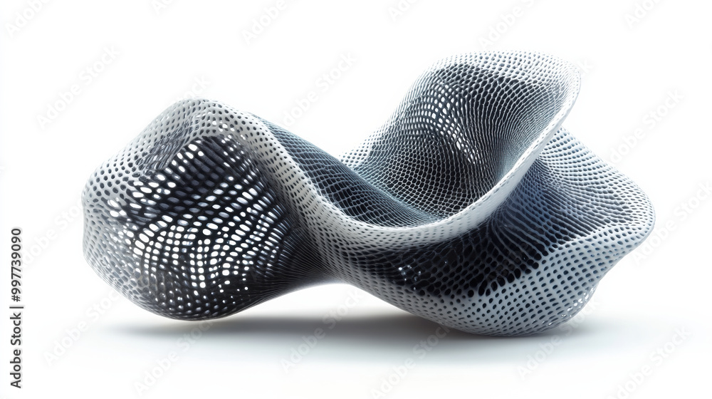 Poster 3d render of dynamic, abstract sculpture showcasing intricate patterns and fluid form. design featur